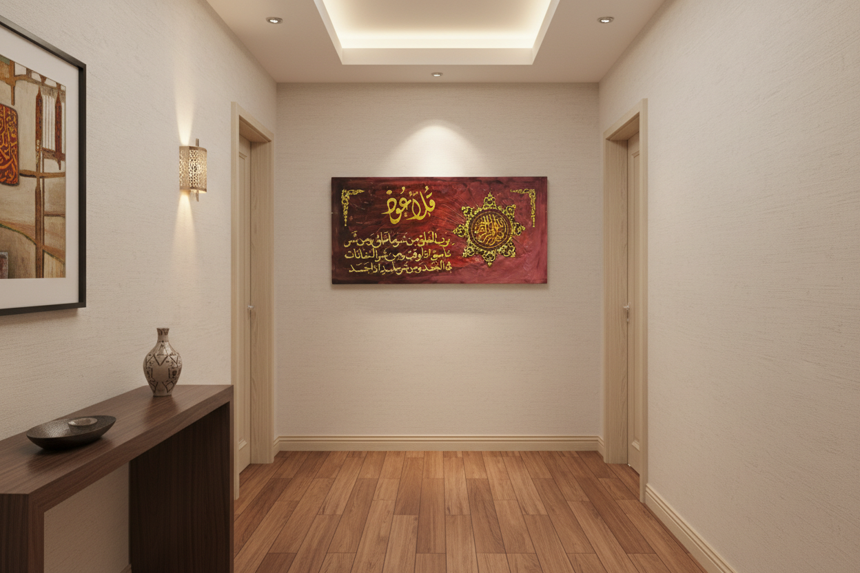 Surah Al-Falaq Islamic calligraphy canvas displayed in an elegant hallway