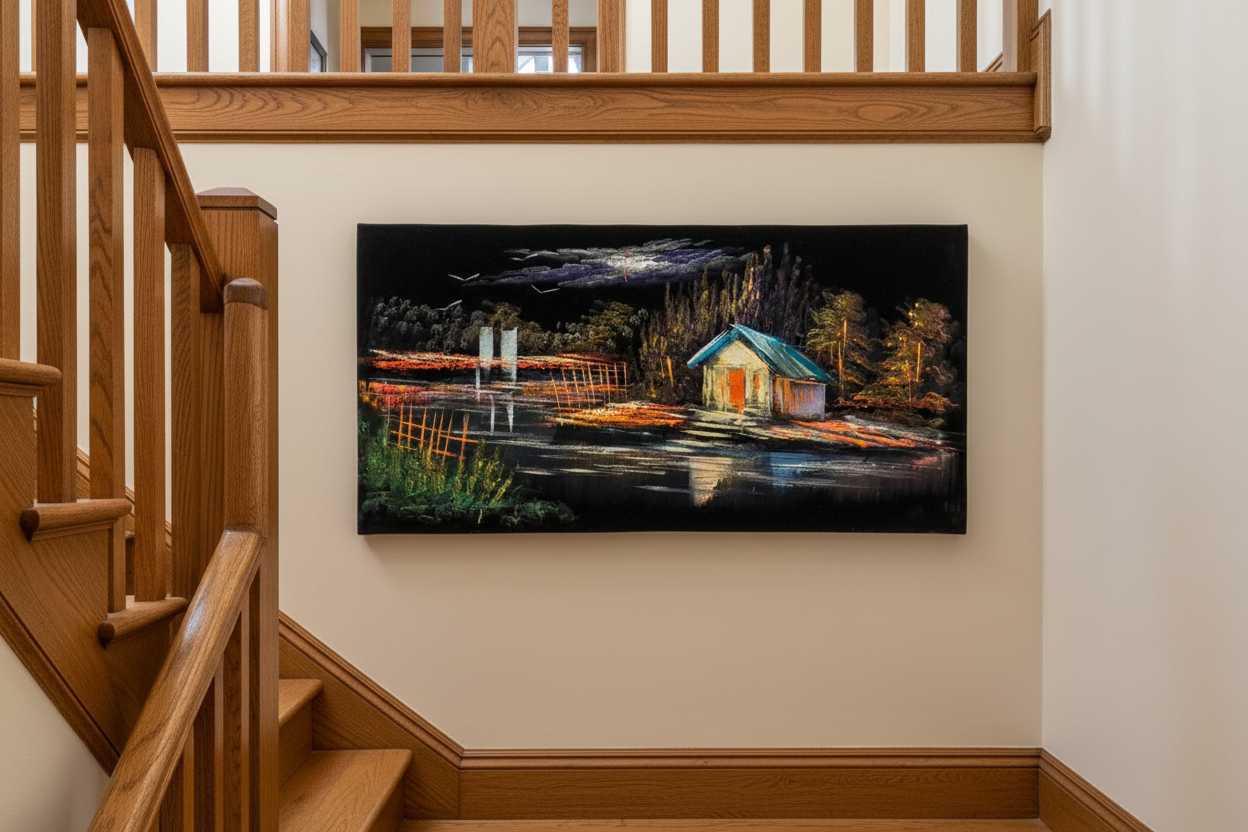 Teal Roof Cottage painting displayed in elegant staircase interior setting