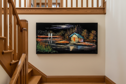 Teal Roof Cottage painting displayed in elegant staircase interior setting