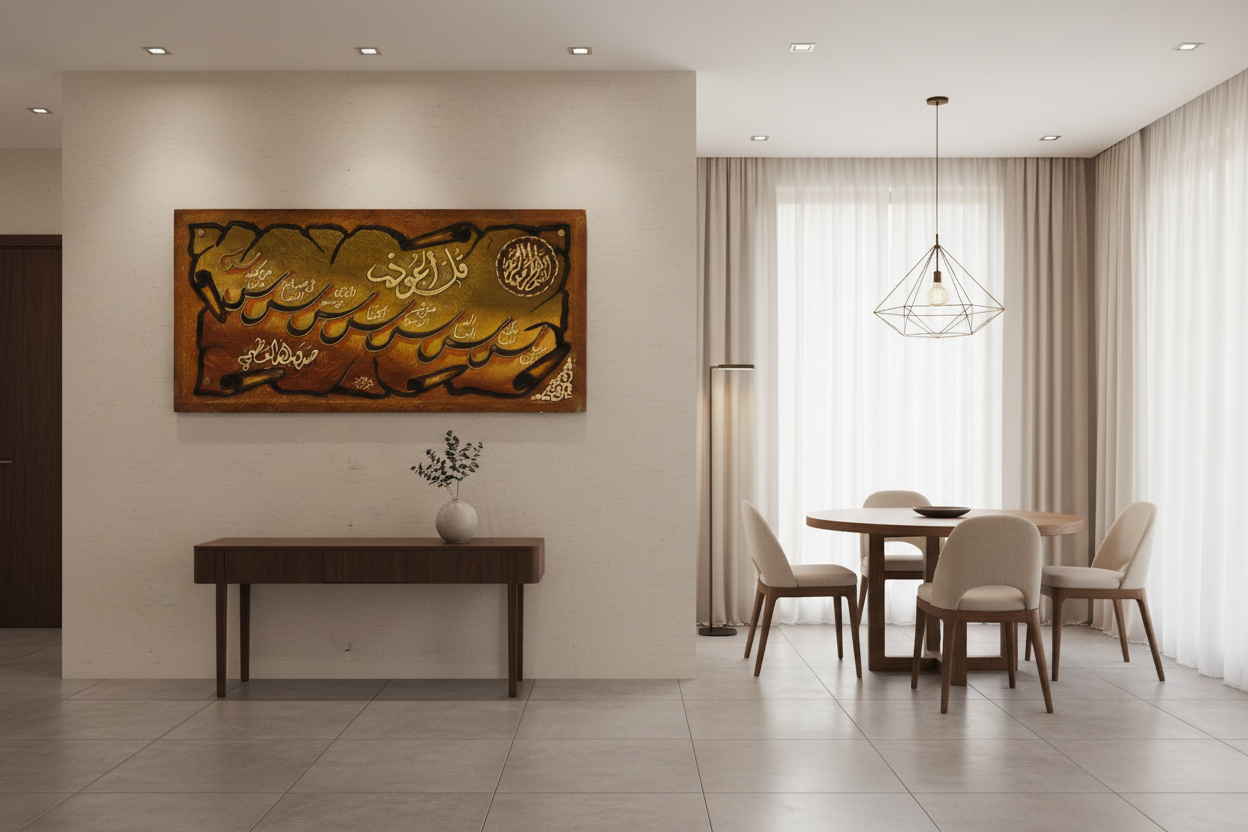 Surah An-Nas Islamic calligraphy canvas displayed in open area dining room