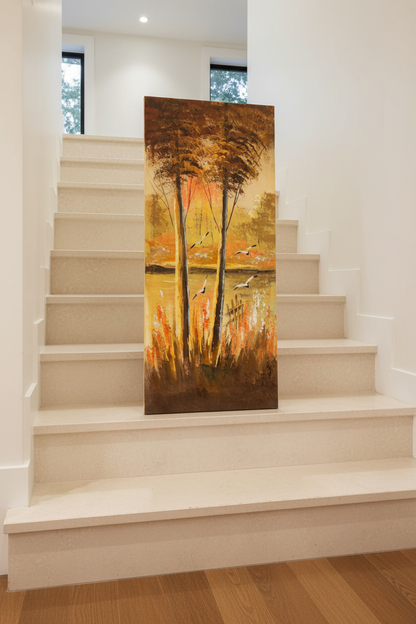 Original oil painting leaning against elegant stone stairs in an interior setting, no frame
