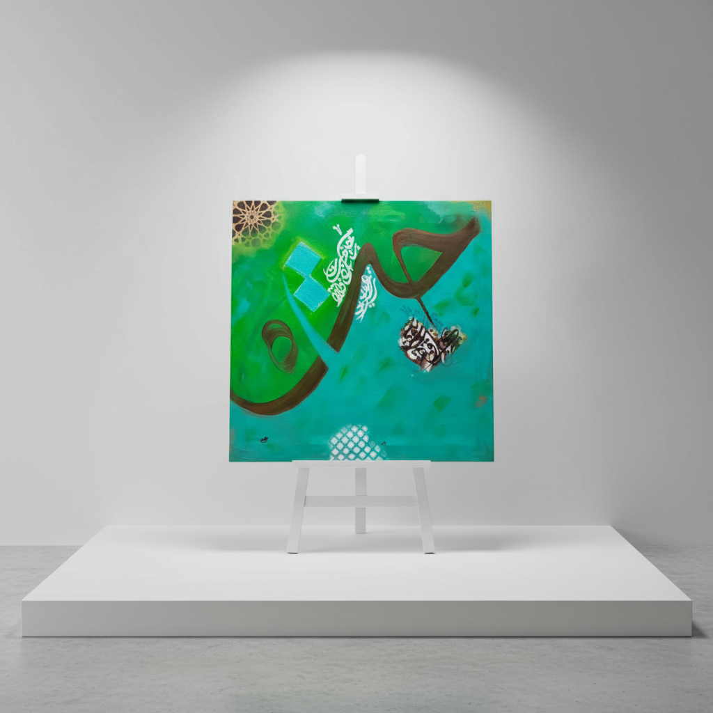 Abstract Islamic calligraphy green teal square canvas art 15.75x15.75 inches (40x40cm) on a minimalist stage area shelf, no frame