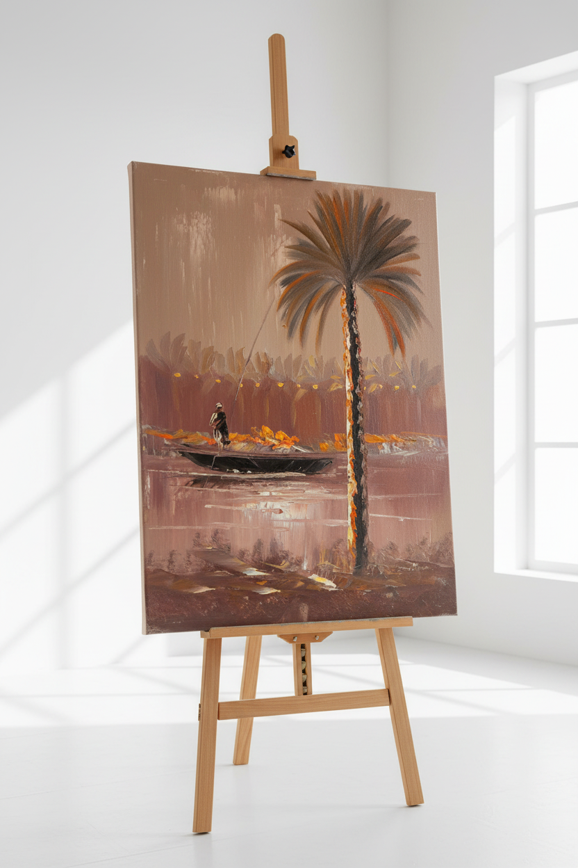 Fisherman painting displayed on wooden easel stand in minimalist studio