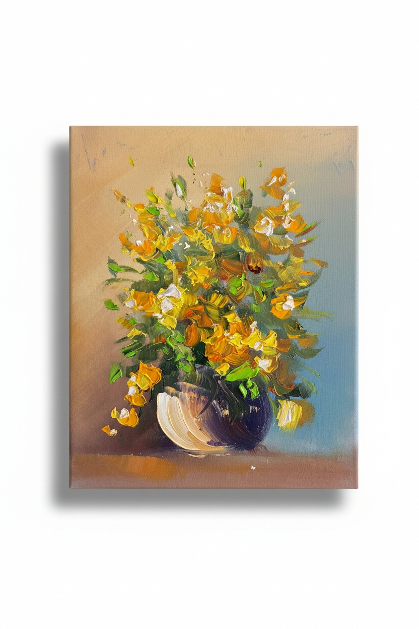 Yellow floral bouquet impasto oil painting isolated on white background with soft drop shadow — no frame