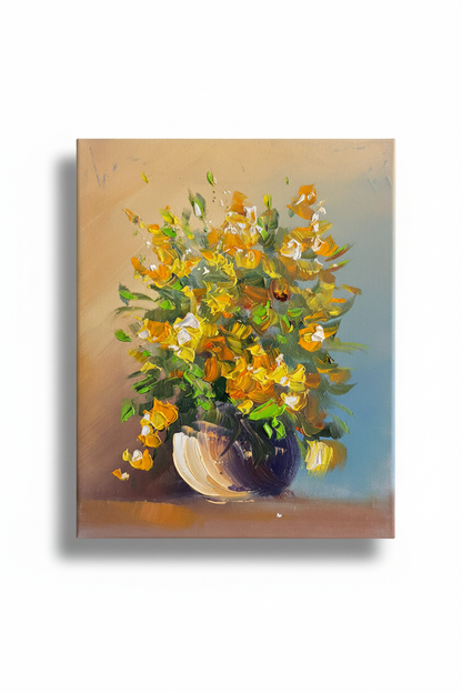 Yellow floral bouquet impasto oil painting isolated on white background with soft drop shadow — no frame