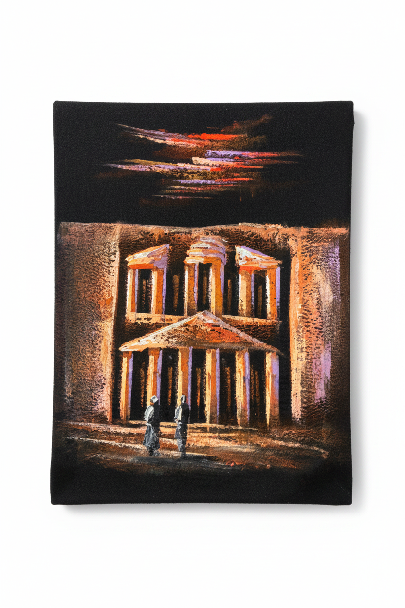 Petra's Treasury at Night oil painting isolated on pure white background — clean studio product shot, no frame, portrait canvas