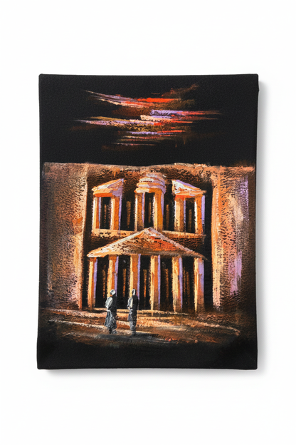 Petra's Treasury at Night oil painting isolated on pure white background — clean studio product shot, no frame, portrait canvas