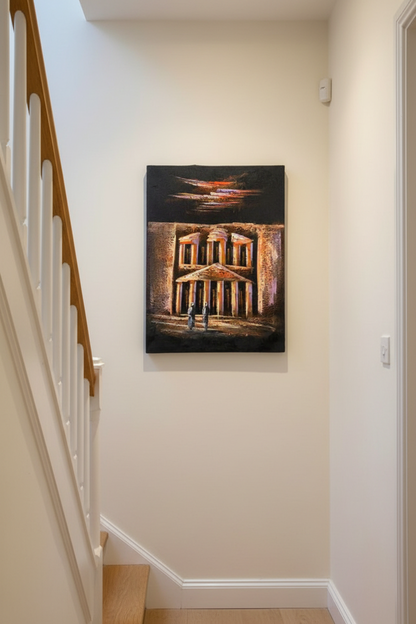 Petra's Treasury at Night oil painting on cream white wall in intimate hallway near staircase — no frame, lifestyle interior staging