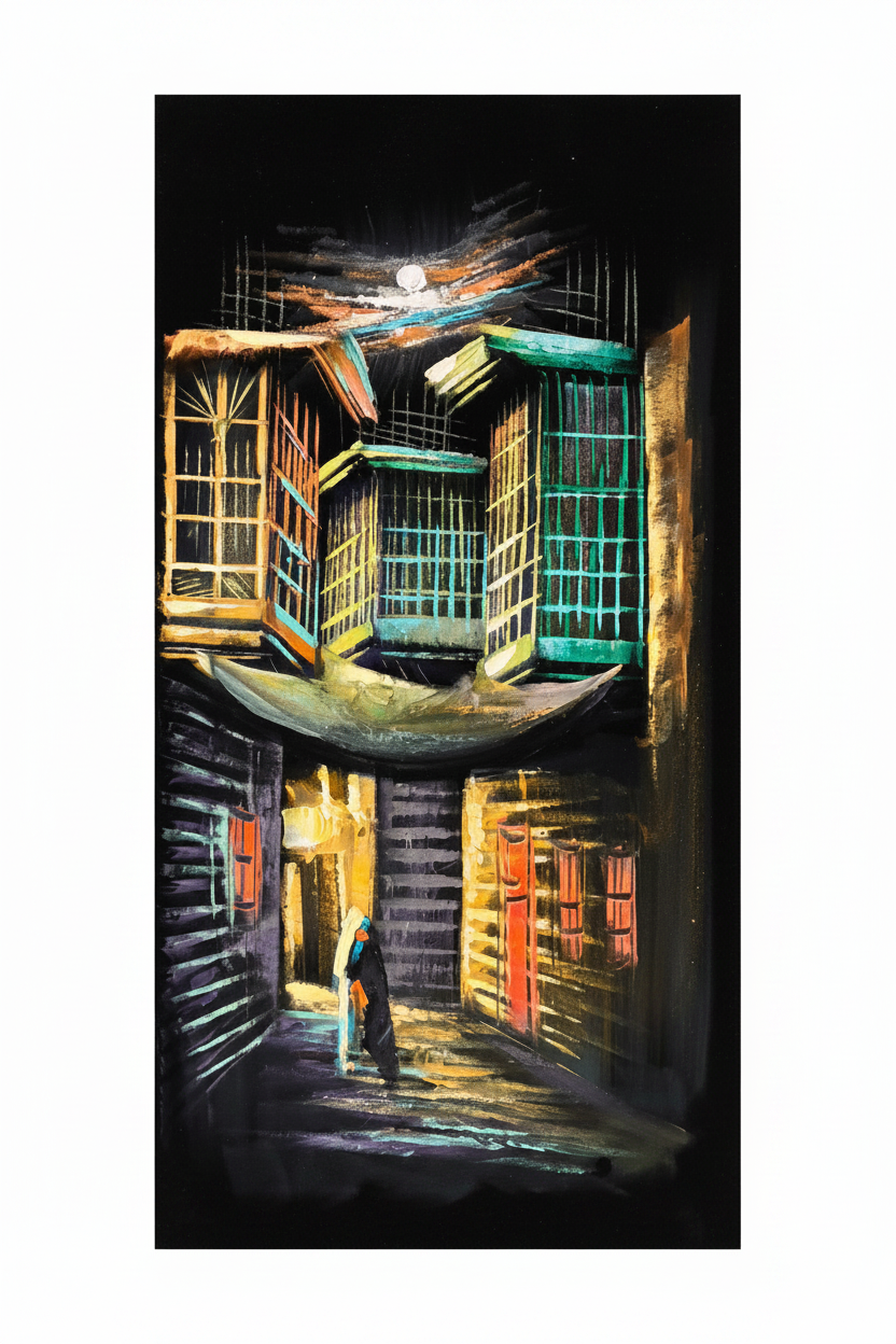 The Old Alley original acrylic Iraqi shanasheel painting on white background — no frame, 11.81 x 23.62 inches