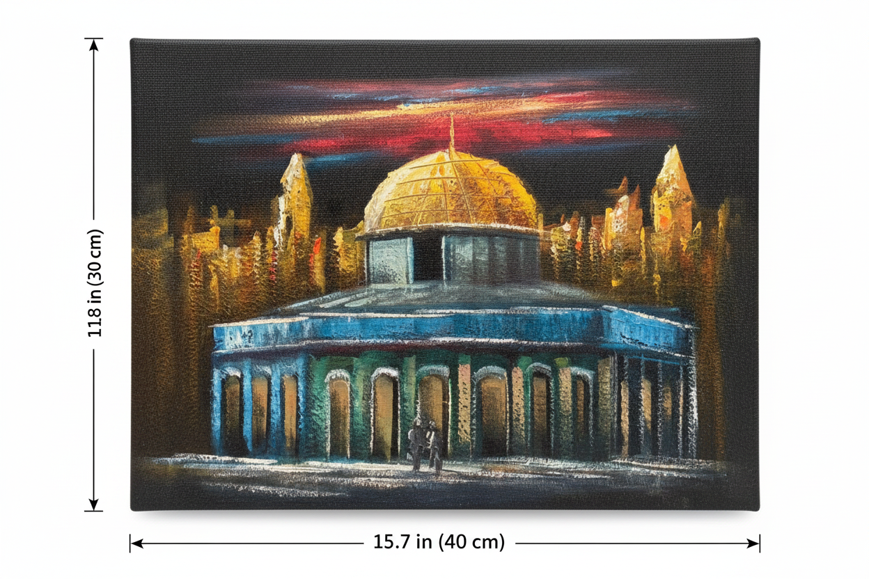 Dome of the Rock panorama night canvas art with dimensions 15.7 inches wide x 11.8 inches tall 40cm x 30cm