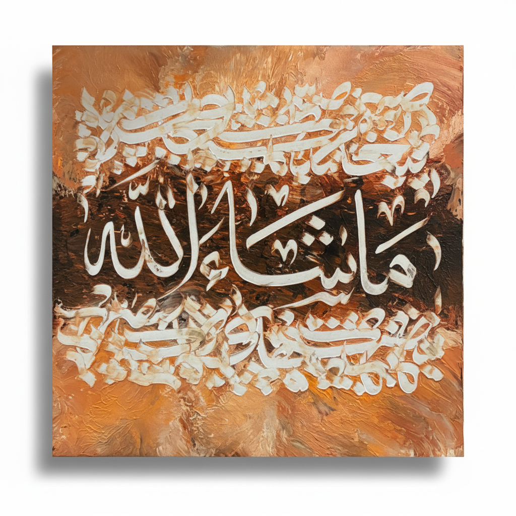 MashaAllah white calligraphy copper bronze square canvas art on white background with shadow, no frame, product shot