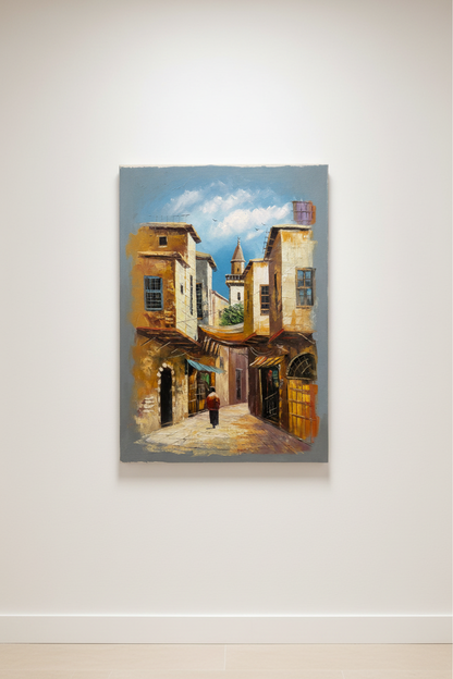 Yafa original oil painting hung centered on a clean empty white interior wall, no frame, canvas only