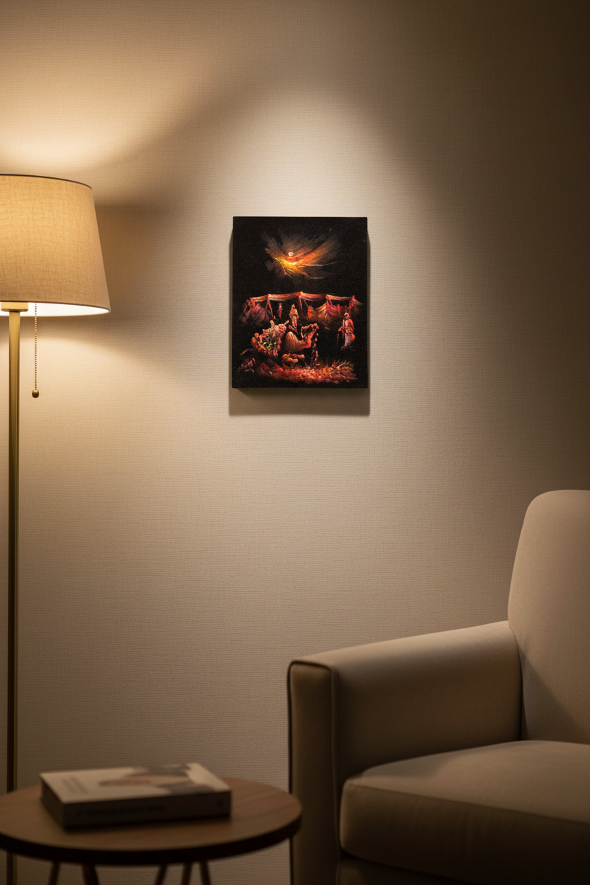 Bedouin desert camp night canvas art displayed in small cozy room lifestyle photo