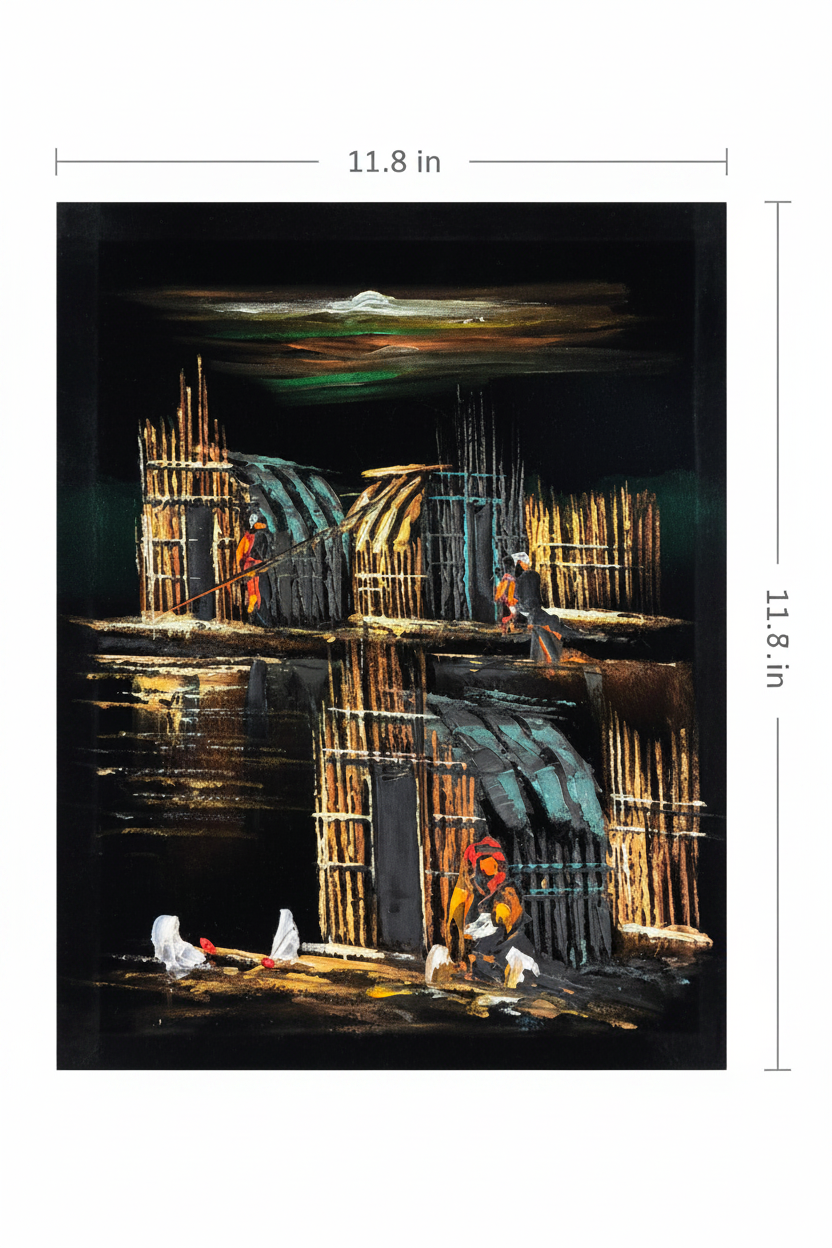 Marsh Builders at Night oil painting flat lay with dimensions — 11.8 inches wide by 15.7 inches tall, 30x40cm portrait canvas