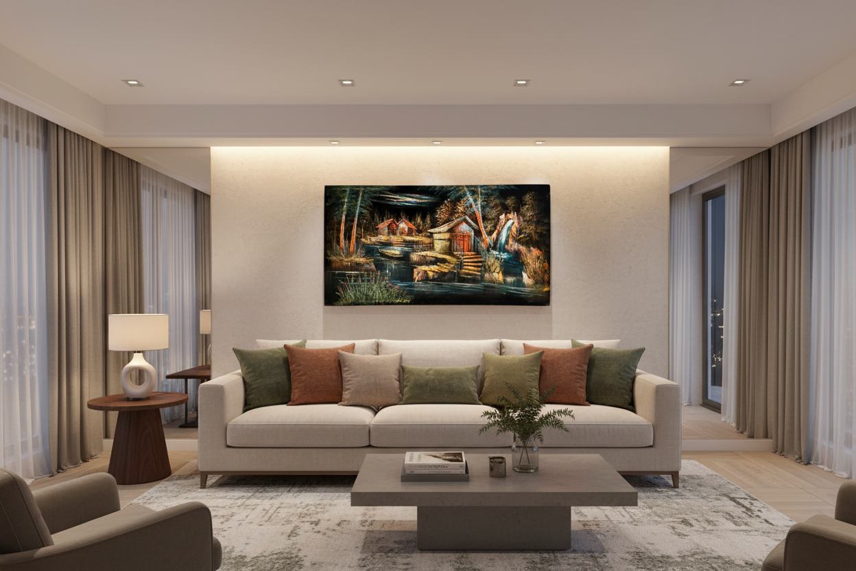 Forest waterfall cabin night scene canvas wall art displayed in modern living room above sofa