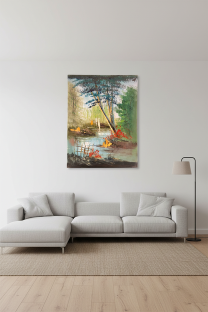 Pond painting hung on empty white wall in minimalist living room