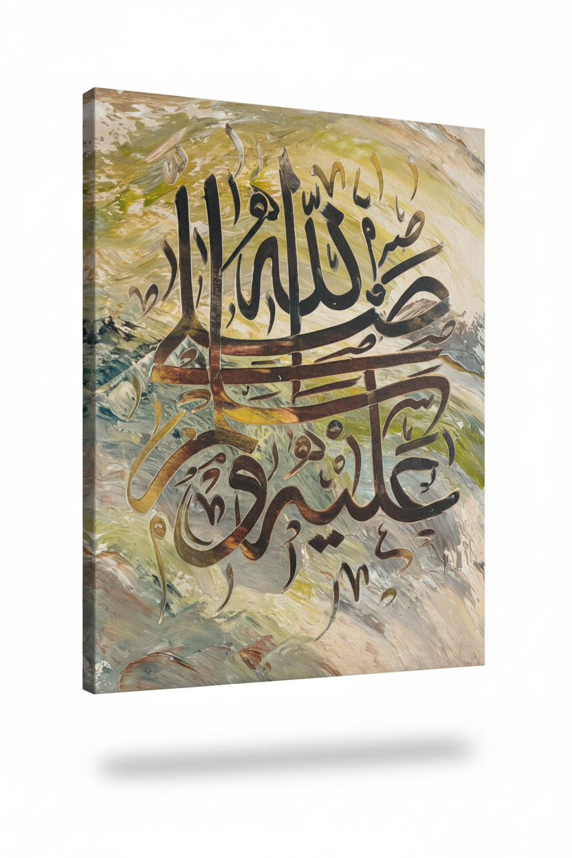 Salawat Durood Arabic calligraphy canvas art on white background with soft drop shadow, portrait 3:4 ratio, 11.81 by 15.75 inches, no frame gallery wrap