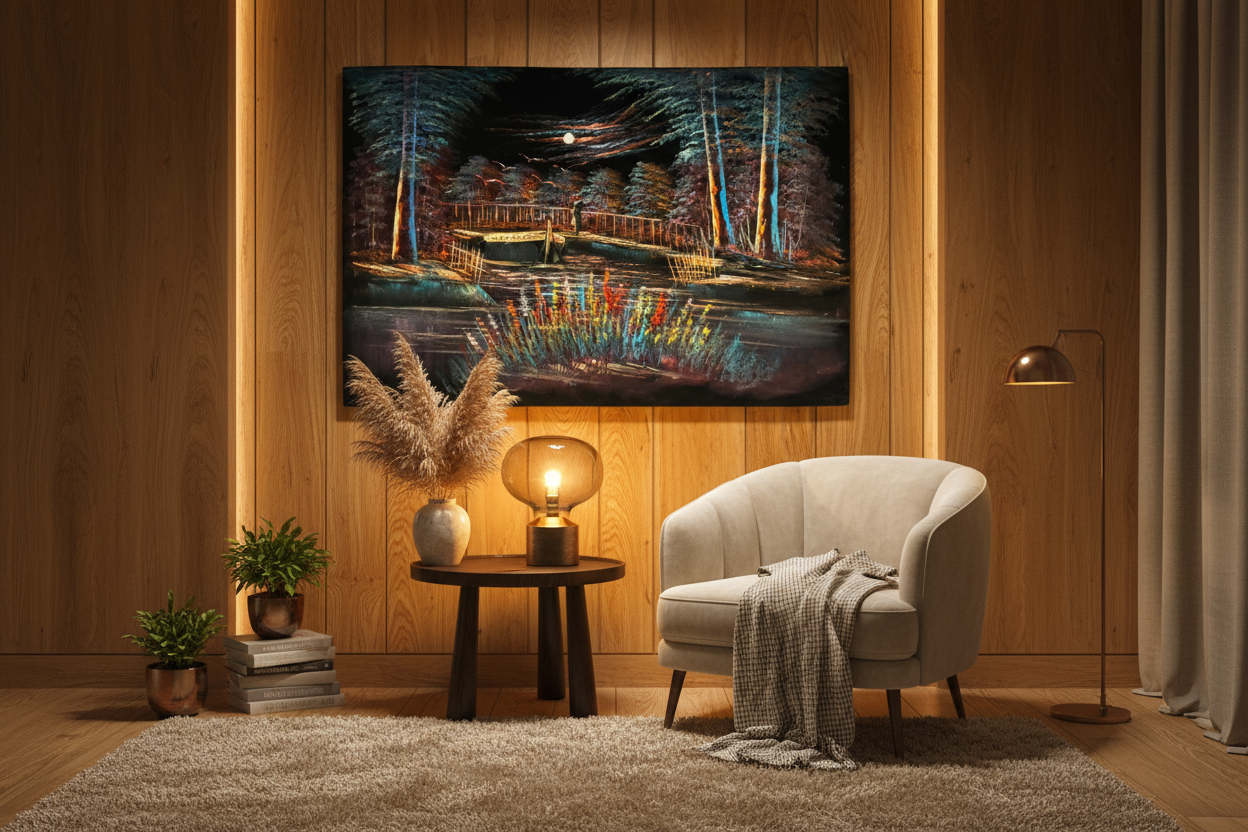 Moonlit forest bridge canvas art in cozy bedroom or sitting area — lifestyle interior mockup