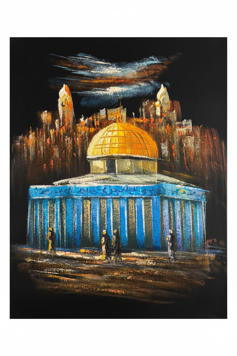 Dome of the Rock with Jerusalem skyline at night fine art canvas on white background product photo