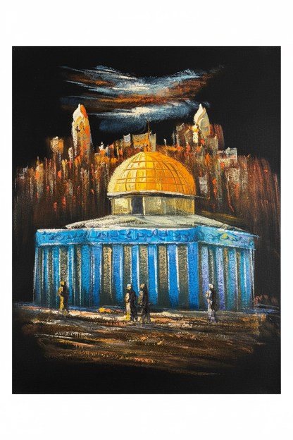 Dome of the Rock with Jerusalem skyline at night fine art canvas on white background product photo
