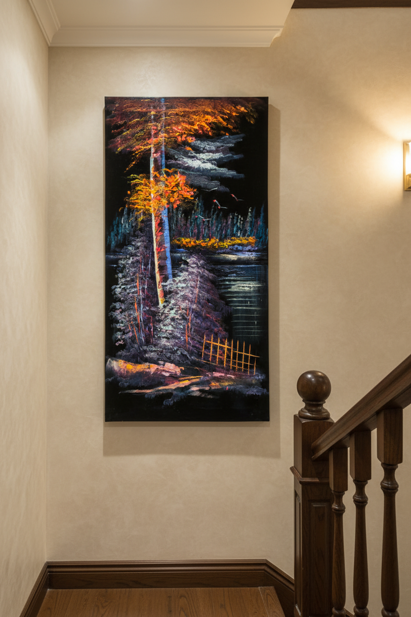 Autumn Birch painting displayed in elegant staircase interior setting