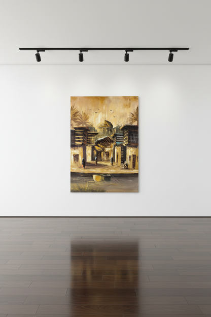 Original oil painting displayed on a professional gallery exhibition wall with track lighting, no frame