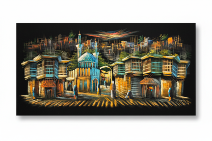 Iraqi old bazaar street scene canvas wall art on white background with shadow – 47x24 inches