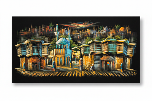 Iraqi old bazaar street scene canvas wall art on white background with shadow – 47x24 inches