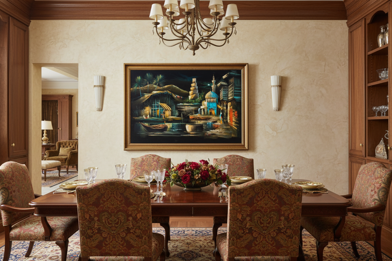 Ancient Iraqi city canvas art in sophisticated dining or sitting area — lifestyle interior mockup