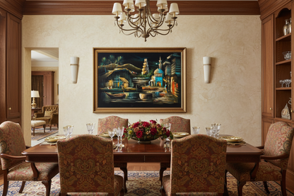 Ancient Iraqi city canvas art in sophisticated dining or sitting area — lifestyle interior mockup