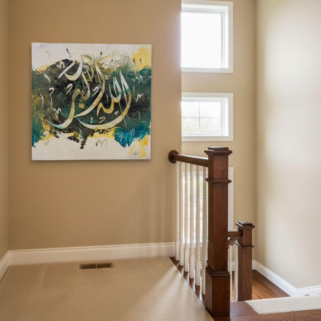 Allahu Akbar calligraphy canvas on staircase wall