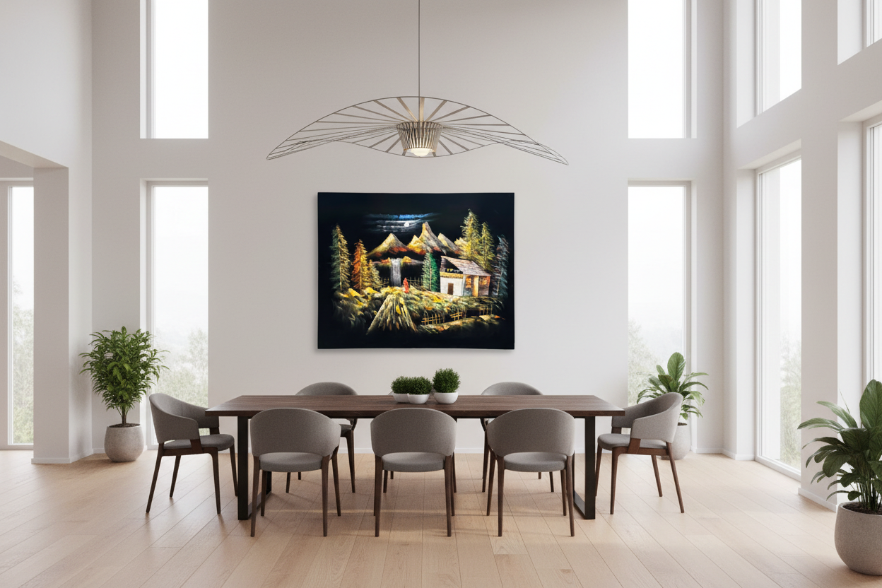 Moonlit Mountain Retreat oil painting displayed in a spacious open-plan dining area — 39.4 x 31.5 inch canvas wall art