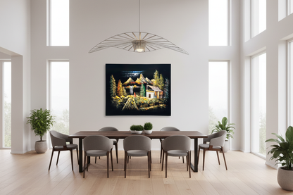 Moonlit Mountain Retreat oil painting displayed in a spacious open-plan dining area — 39.4 x 31.5 inch canvas wall art