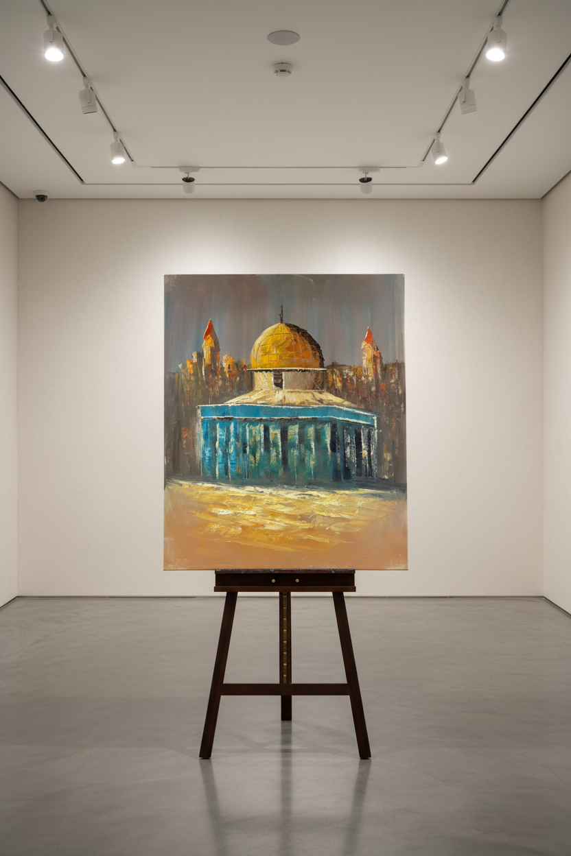Dome of the Rock oil painting displayed on a luxury wooden gallery easel stand