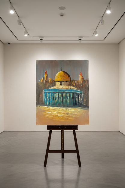 Dome of the Rock oil painting displayed on a luxury wooden gallery easel stand