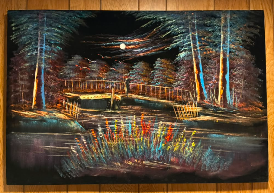 Moonlit Forest Bridge Night Scene Canvas Wall Art | Full Moon River Wildflower Print 35.4" × 23.6"