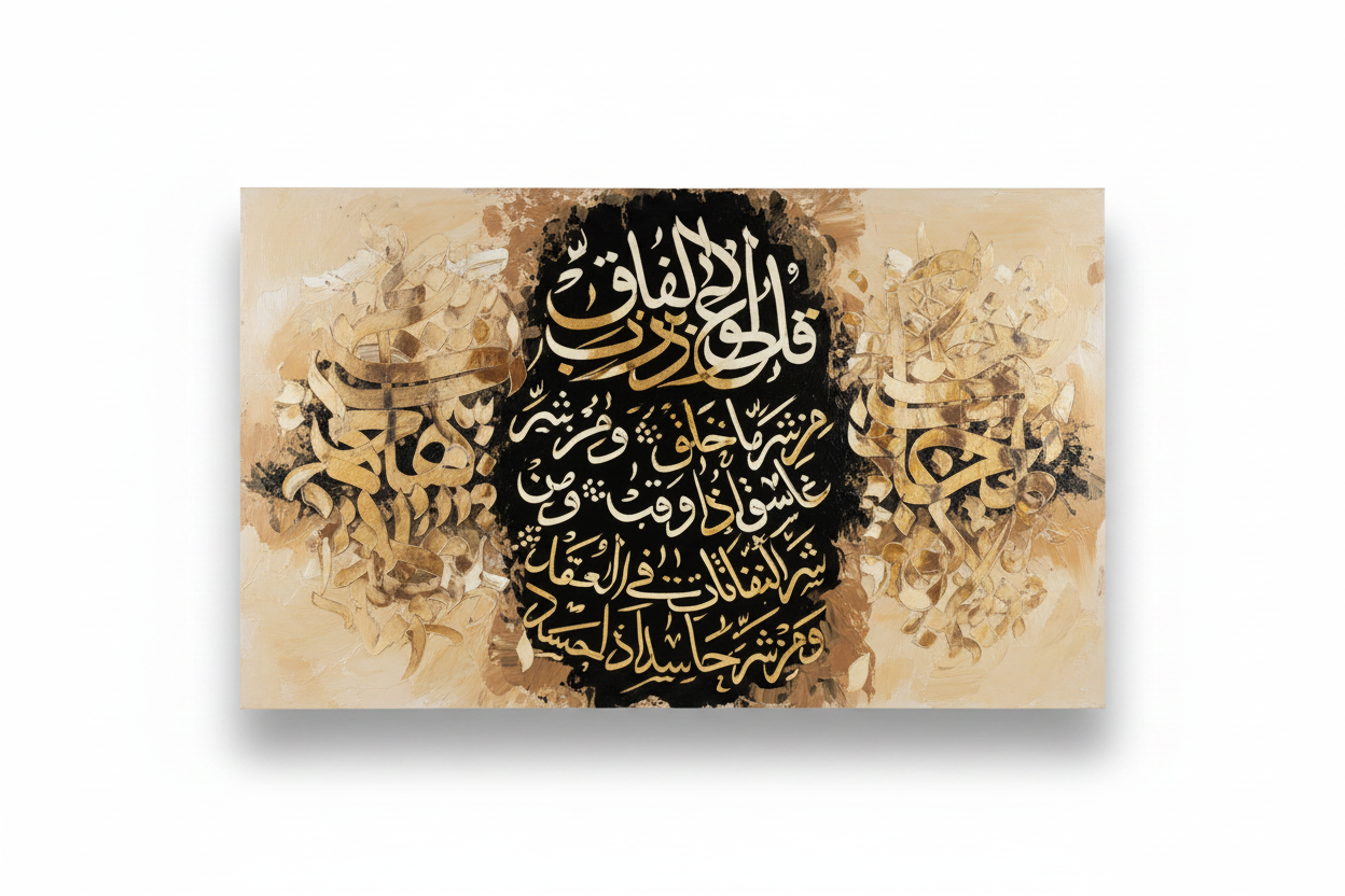 Surah Al-Falaq ivory gold impasto calligraphy canvas art on white background with shadow, no frame, product shot