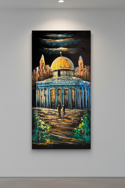 Dome of the Rock painting displayed in modern hallway interior setting