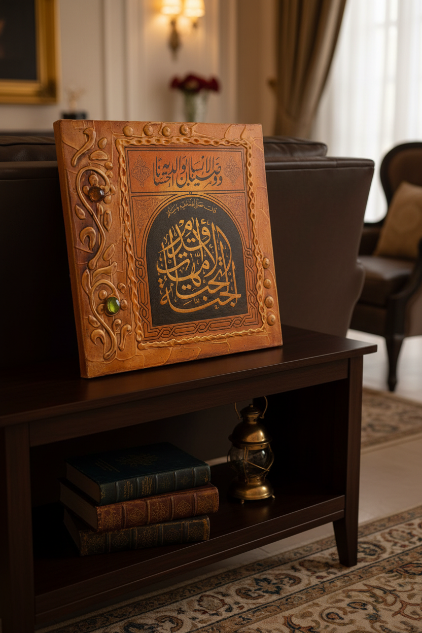 Islamic calligraphy ornate arch wall art displayed on wooden console stand