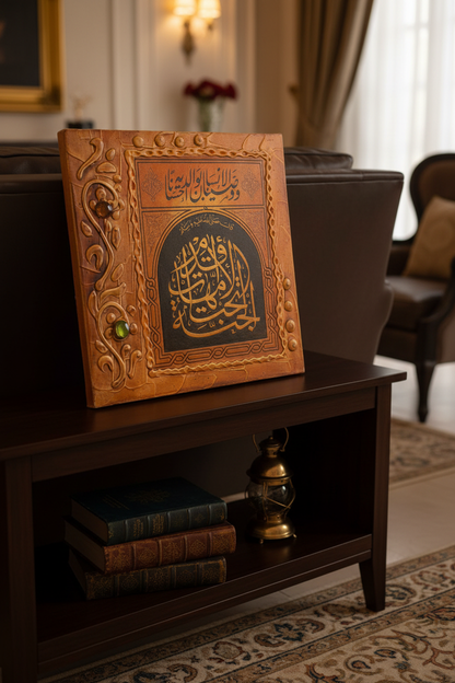 Islamic calligraphy ornate arch wall art displayed on wooden console stand