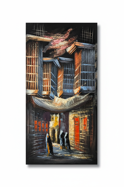 Ancient Alley at Night original oil painting on white background with natural shadow