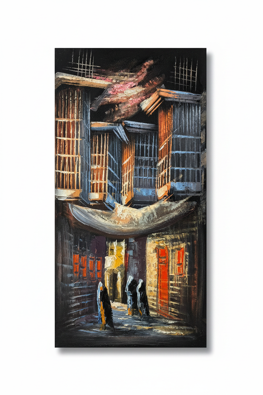Ancient Alley at Night original oil painting on white background with natural shadow