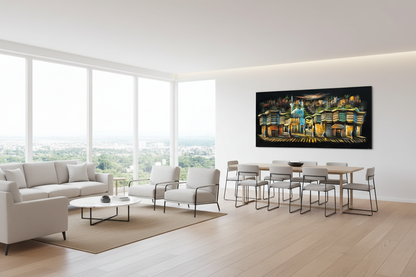 Iraqi old bazaar street scene canvas wall art displayed in open dining and sitting area
