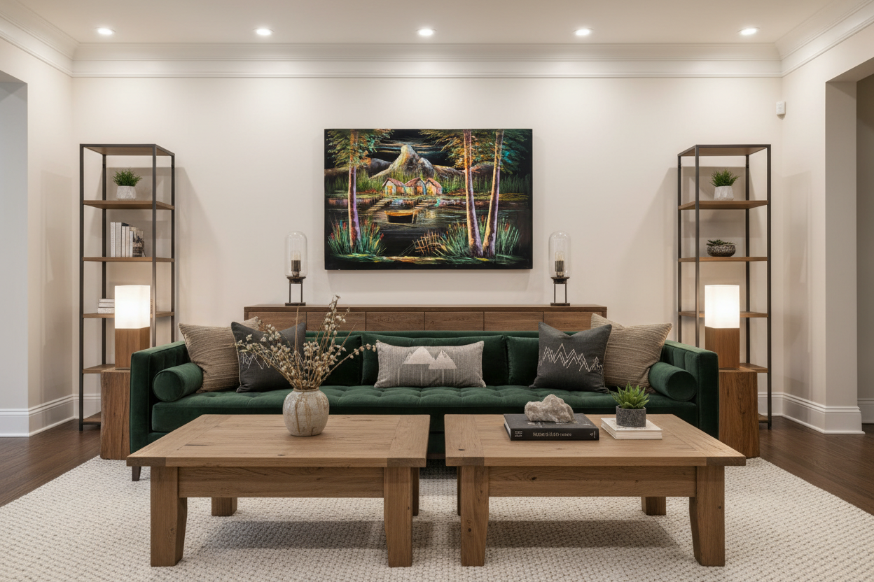 Mountain lake village canvas art in elegant luxury living room — lifestyle interior mockup