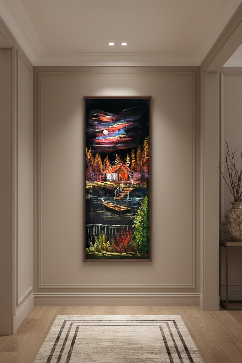 Moonlit lakeside cabin painting displayed in elegant hallway interior