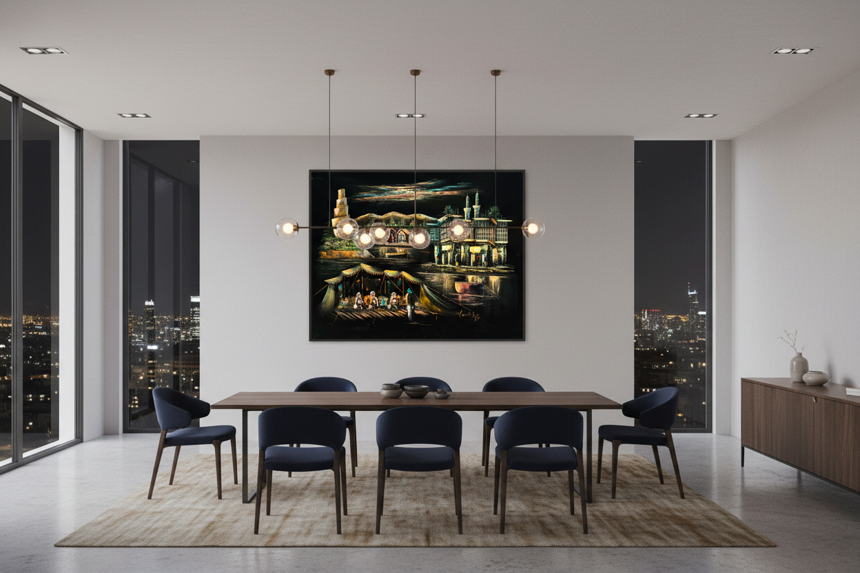 Samarra by Night oil painting displayed in a spacious open-plan dining area — 39.4 x 31.5 inch canvas wall art