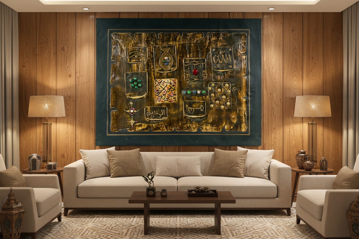 Islamic mixed media relief art displayed frameless in luxury living room interior