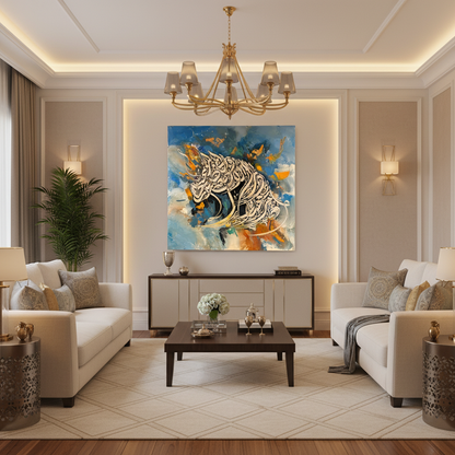 Frameless square Arabic calligraphy canvas art displayed in luxury living room interior