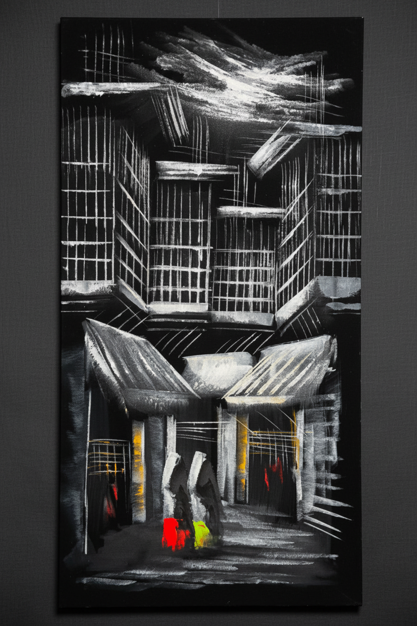 City Noir painting displayed on charcoal linen wall