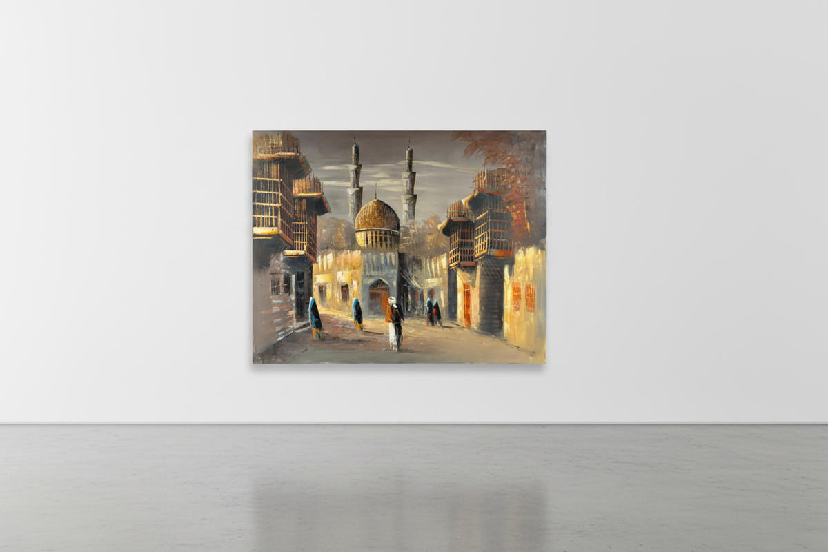 Original Middle Eastern golden dome mosque street oil painting leaning against a white gallery wall — frameless canvas display